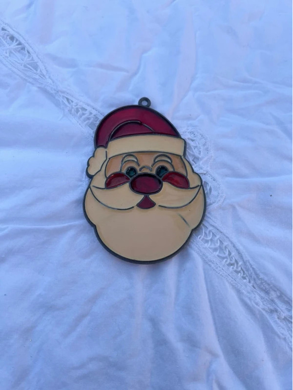 Vintage Plastic Santa Stained Glass Suncatcher Christmas Ornament